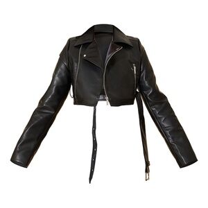 PLT Black Faux Leather Super Cropped Belted Biker Jacket